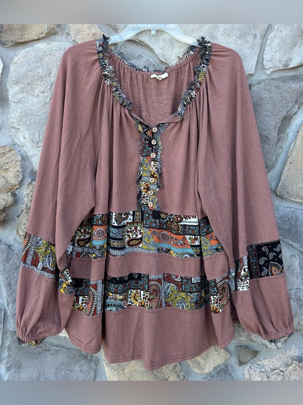 Easel Boho Patchwork Blouse Top Size L Oversized Peasant Shabby Chic Festival